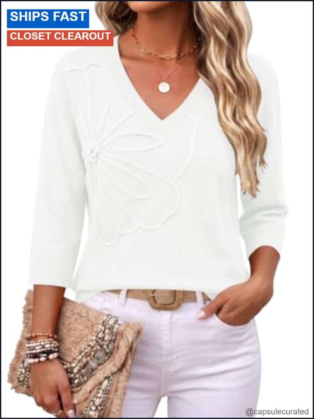 V Neck Sweater 3/4 Length Sleeve Knit Pullover Women Top